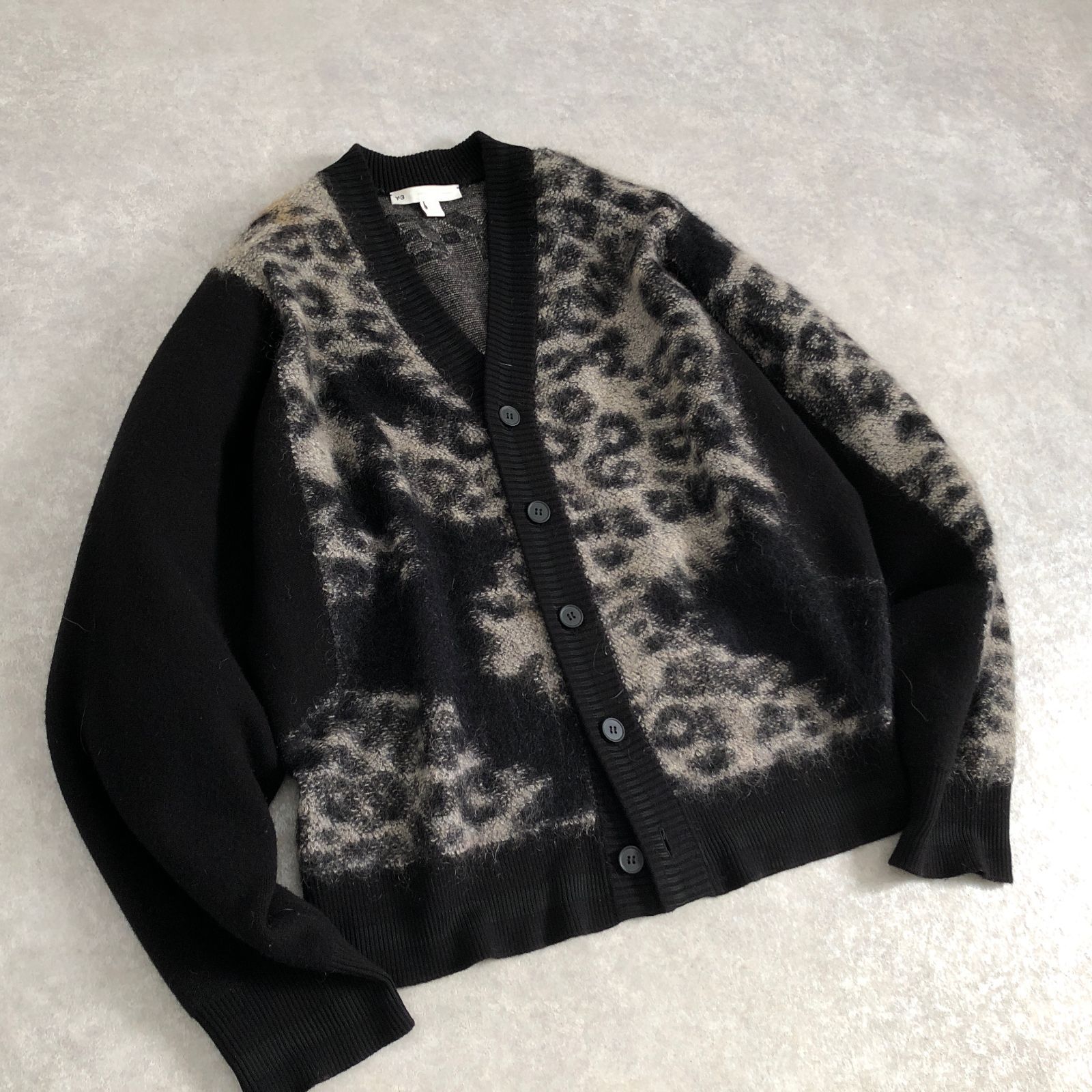 Y-3 XL モヘア混 シャギーウール ニット レオパード カーディガン