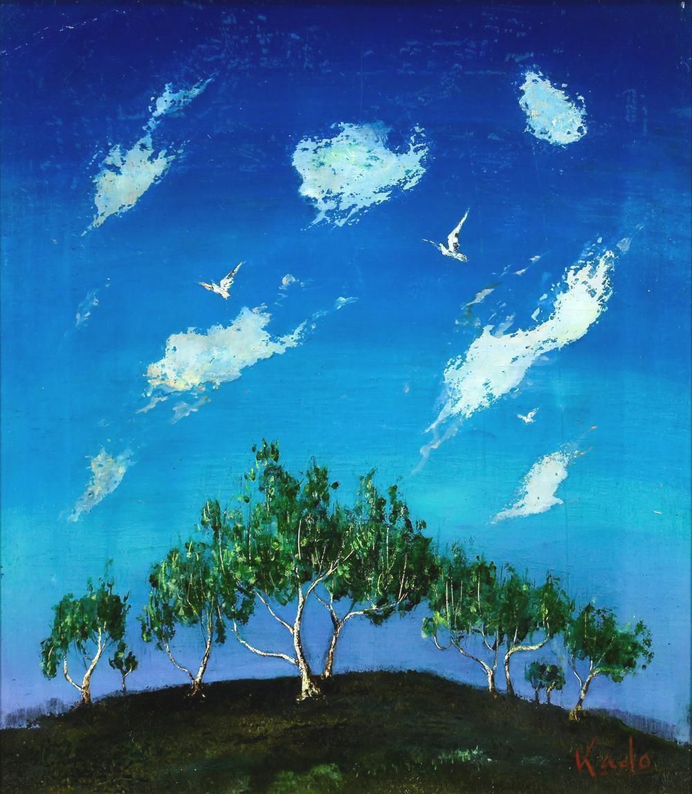 油絵（狩場坂峠） 真作】【WISH】角浩「山伏峠」油彩 1967年作 ◇鳥が舞う青空と峠の樹々