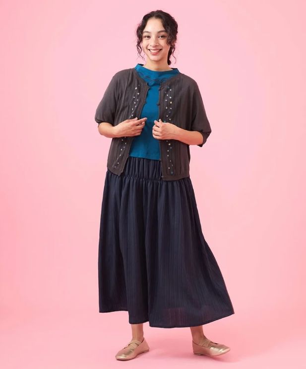 スカラップ刺繍ドッキングワンピース ロング