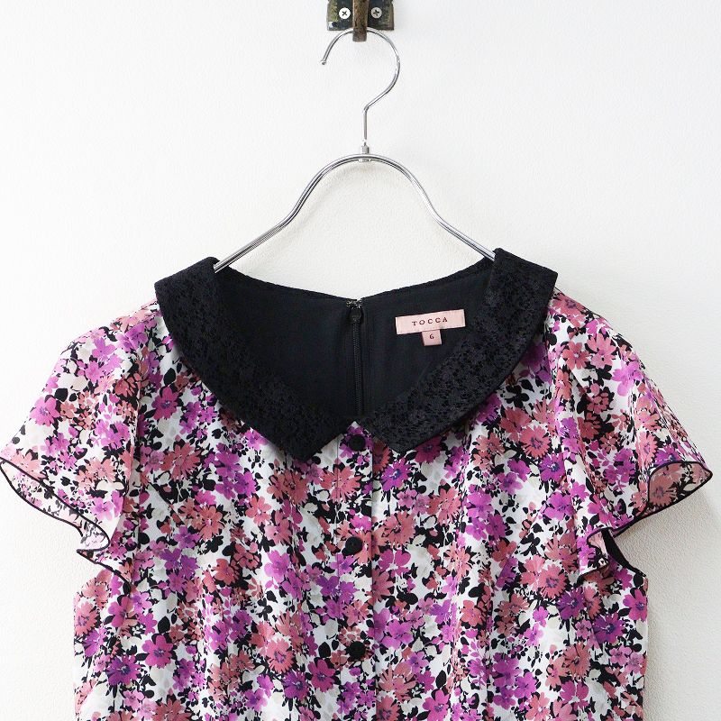 I375 美品 XL 6 トッカ 花柄プリント レース襟 ひざ丈 レディース I375 美品 XL 6 トッカ 花柄プリント レース襟 ひざ丈 レディース