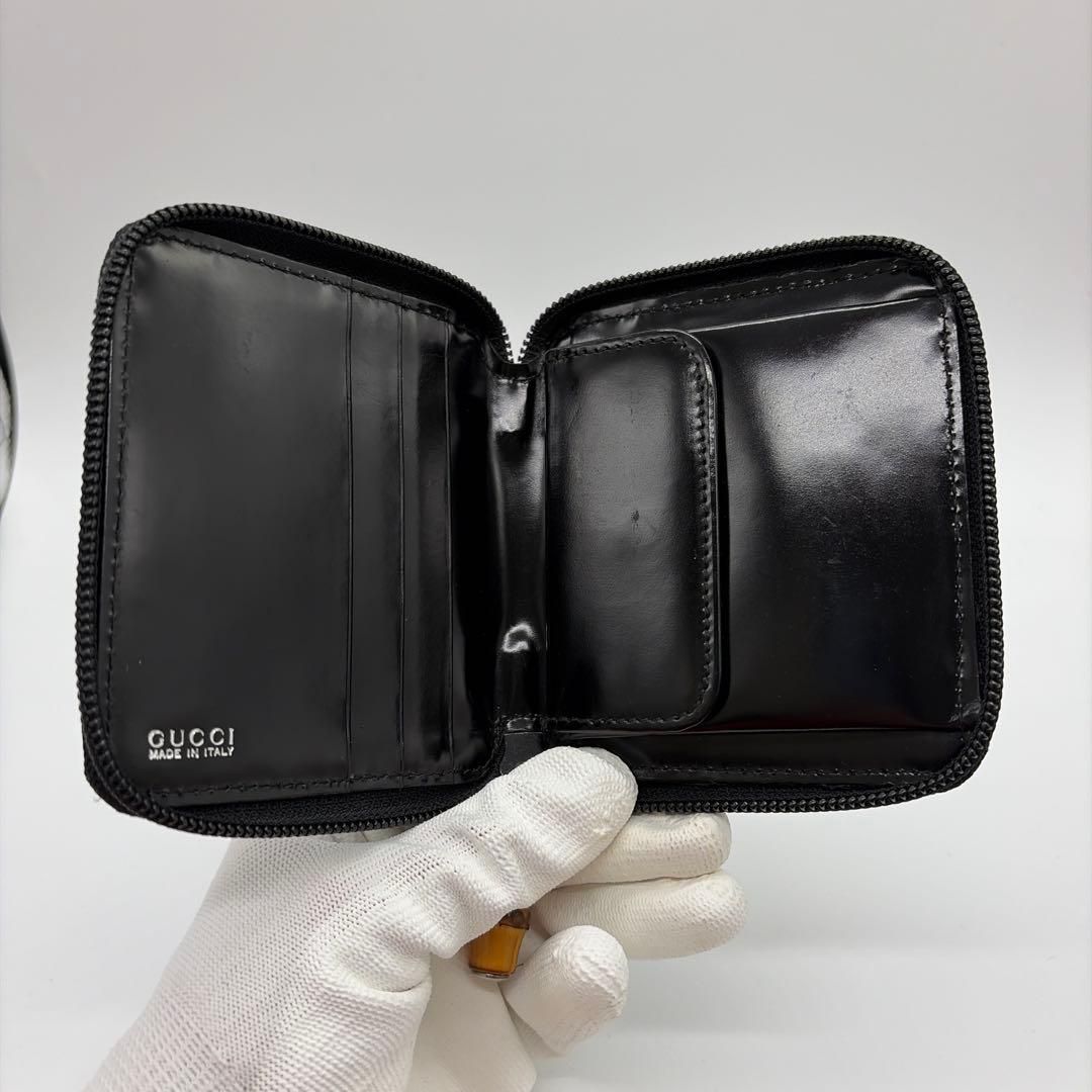 早い者勝ち　GUCCI グッチ　二つ折り　財布　バンブー　エナメル　ナイロン　黒 グッチ 二つ折り財布 ラウンドジップ バンブー ナイロン レザー 黒1105