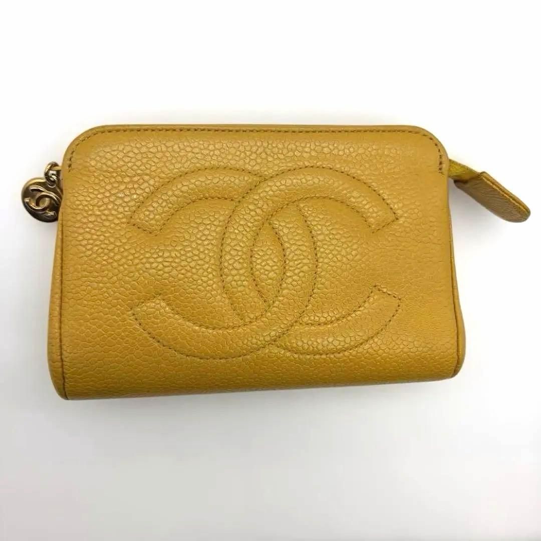 希少】CHANEL シャネル キャビアスキン ポーチ 黄色 ココマーク ロゴ