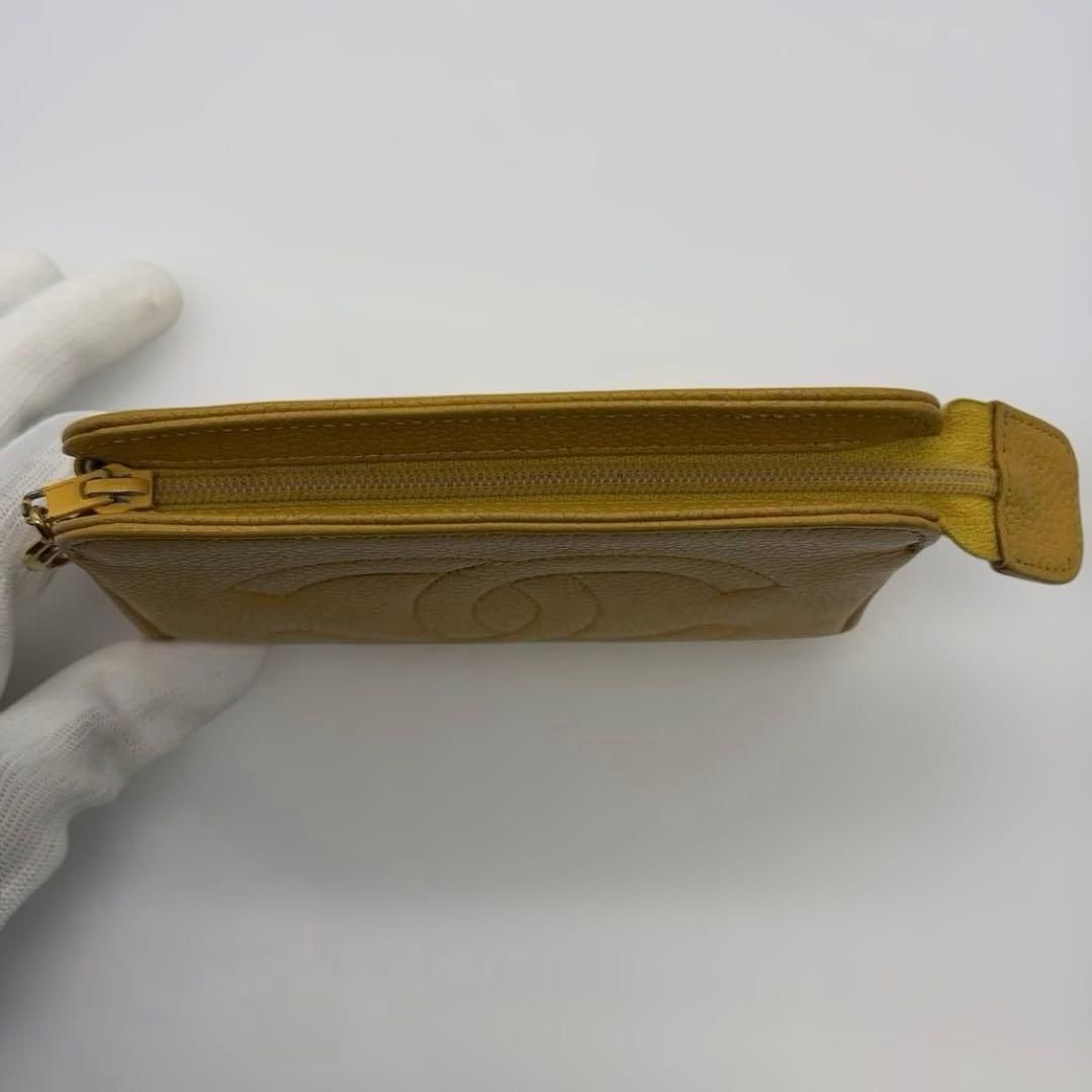 希少】CHANEL シャネル キャビアスキン ポーチ 黄色 ココマーク ロゴ