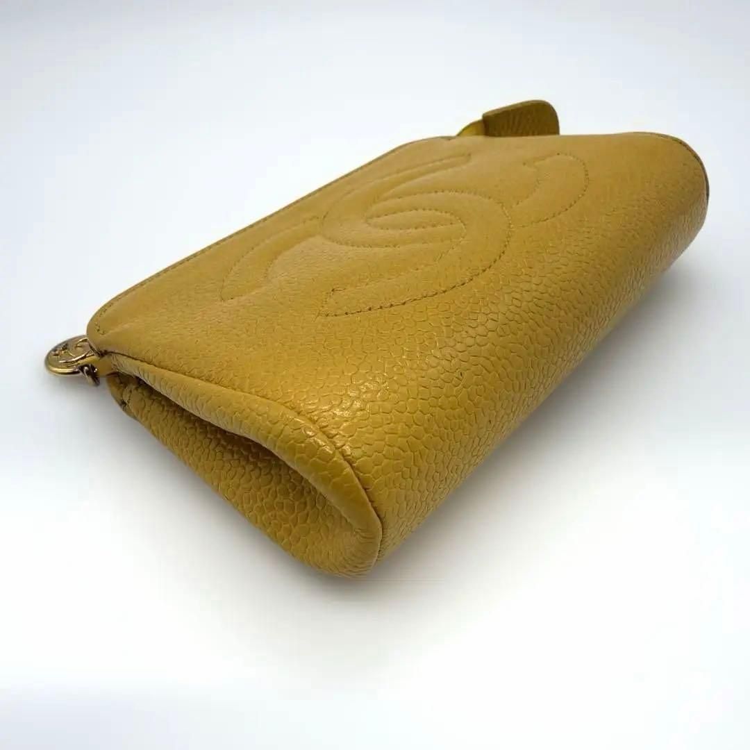 希少】CHANEL シャネル キャビアスキン ポーチ 黄色 ココマーク ロゴ