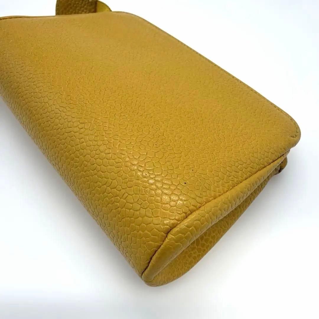 希少】CHANEL シャネル キャビアスキン ポーチ 黄色 ココマーク ロゴ