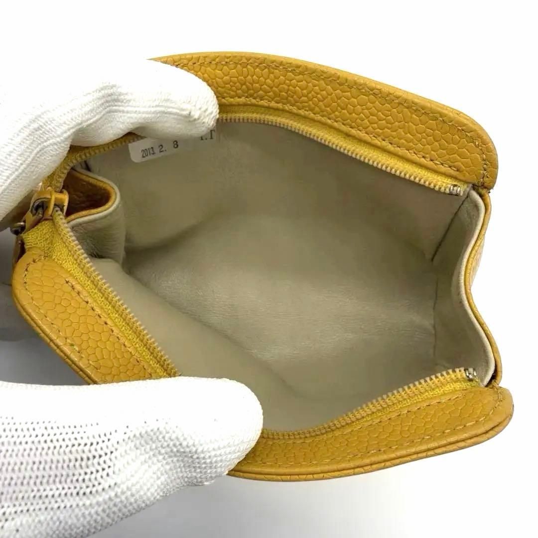 希少】CHANEL シャネル キャビアスキン ポーチ 黄色 ココマーク ロゴ