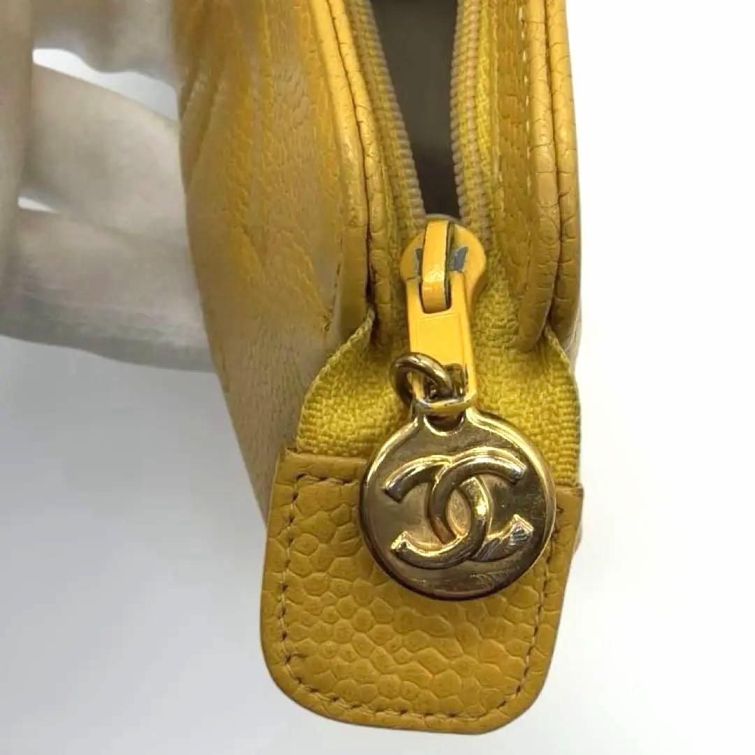 希少】CHANEL シャネル キャビアスキン ポーチ 黄色 ココマーク ロゴ