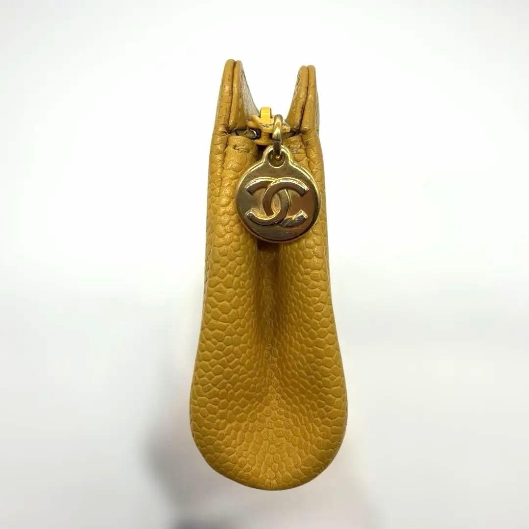 希少】CHANEL シャネル キャビアスキン ポーチ 黄色 ココマーク ロゴ