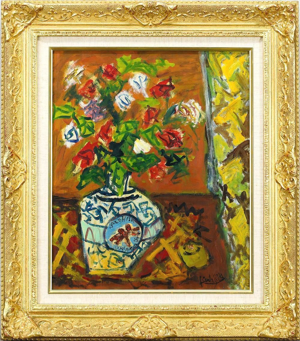 真作】【WISH】早稲田員久「卓上のバラ」油彩 8号 1989年作 ◇色彩豊か