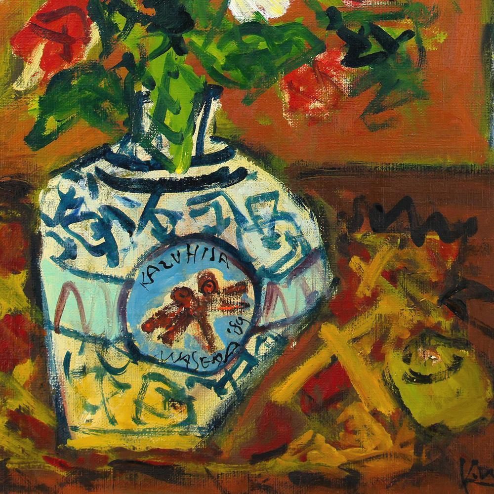 真作】【WISH】早稲田員久「卓上のバラ」油彩 8号 1989年作 ◇色彩豊か