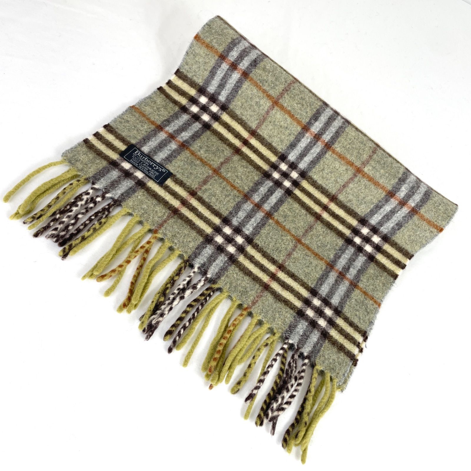 t2057 バーバリーマフラー チェック カシミア100% イングランド製 黄