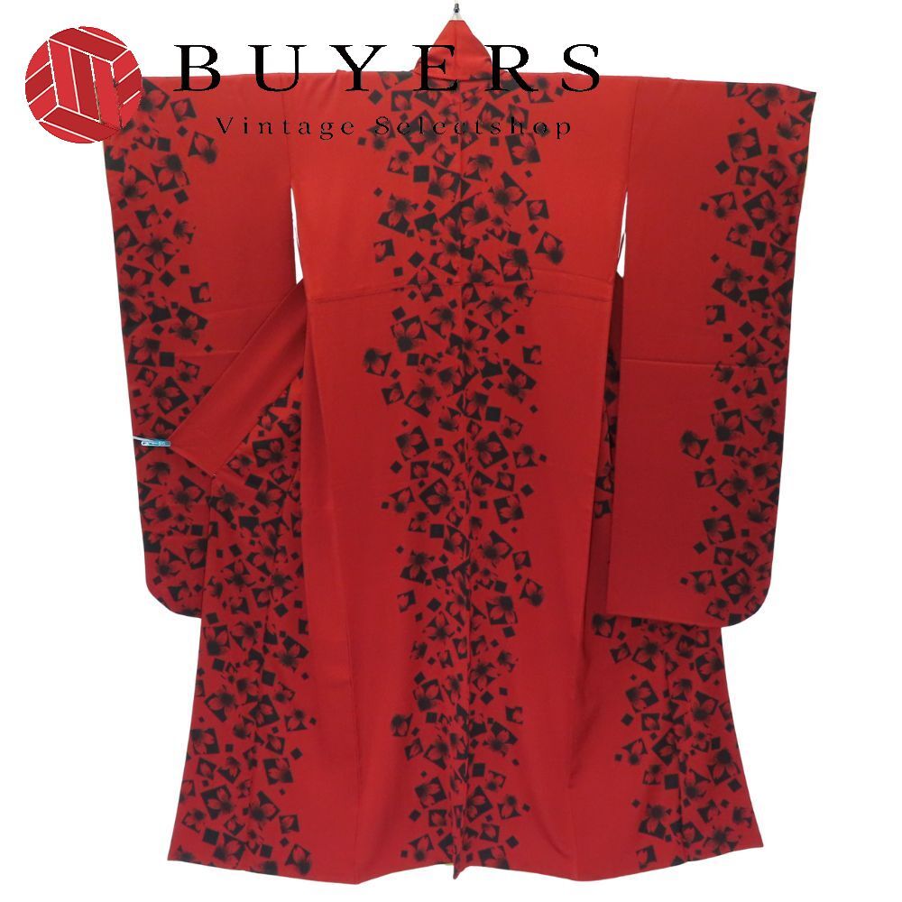 中古】 振袖 正絹 レッド ブラック 桜 成人式 和装 呉服 和服 きもの