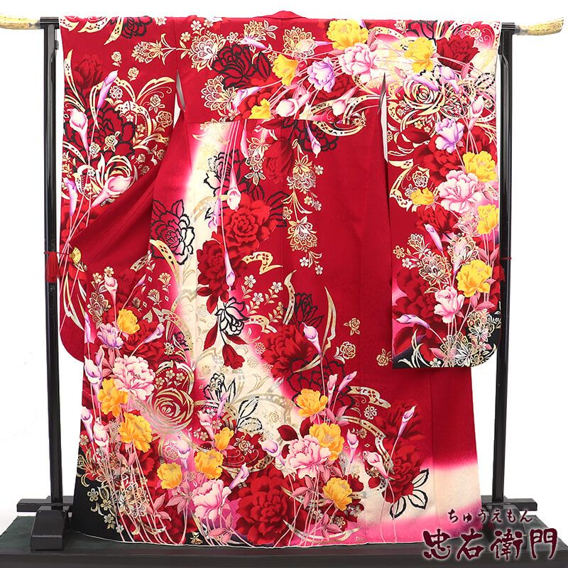 振袖 単品 販売 成人式 晴れ着 レディース 正絹 赤 花柄 豪華 身丈