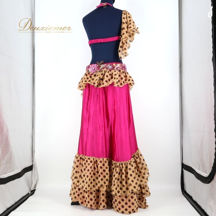 ベリーダンス オリエンタル 衣装 上下セット ピンク系 ドット 水色