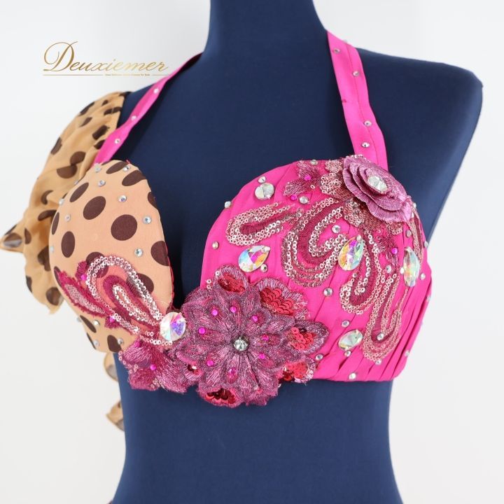 ベリーダンス オリエンタル 衣装 上下セット ピンク系 ドット 水色