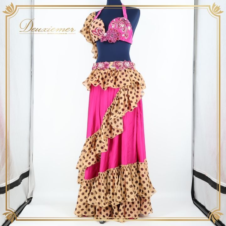 【ベリーダンス用 オリエンタル衣装】オレンジ×ピンク ラインストーン フリル ベリーダンス用 オリエンタル衣装】オレンジ×ピンク ラインストーン フリル