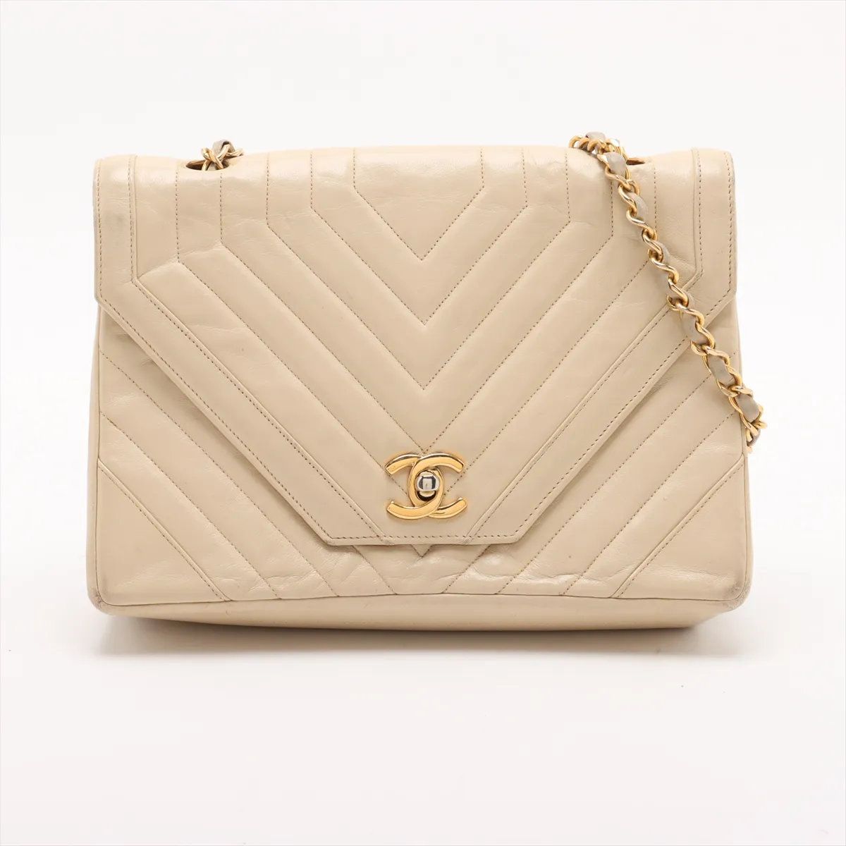 美品 シャネル Vステッチ ラムスキン ベージュ レザー チェーン