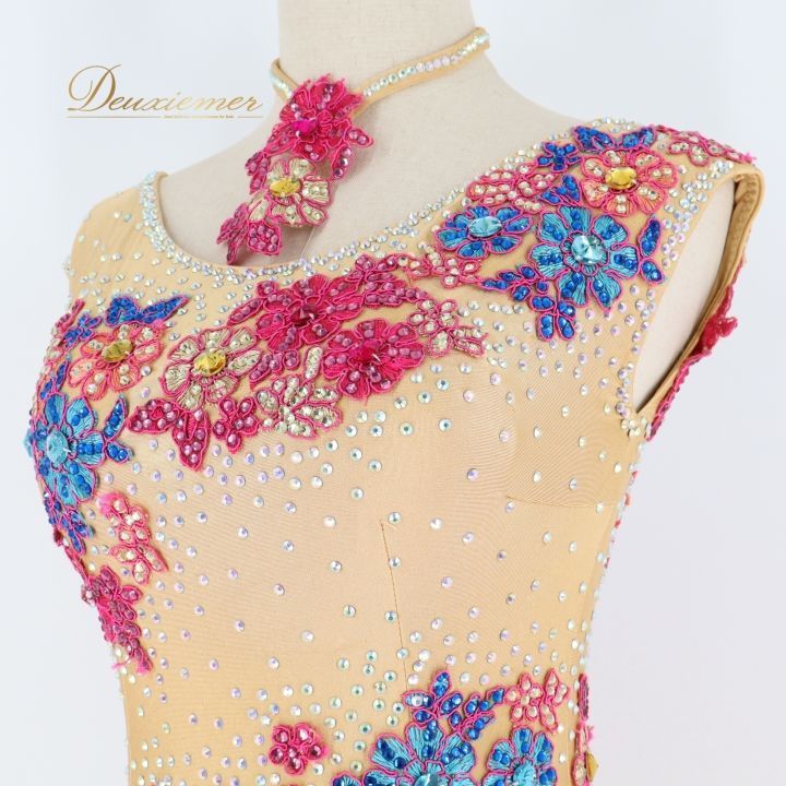 社交ダンス　スタンダードドレス　ピンク　ブルー　お花刺繍　ビジュー華やか　L 社交ダンス スタンダードドレス ピンク ブルー お花刺繍 ビジュー