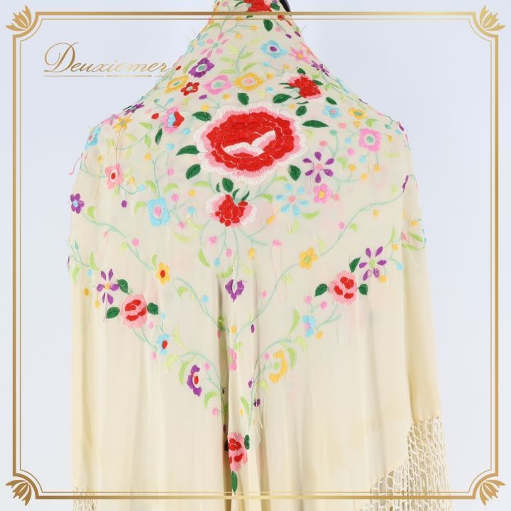 【高級 フラメンコ用衣装 大判】フレコ付き マントン シージョ 刺繍花柄 フラメンコ用衣装 大判】ブラック 多色刺繍 花柄 マントン シージョ