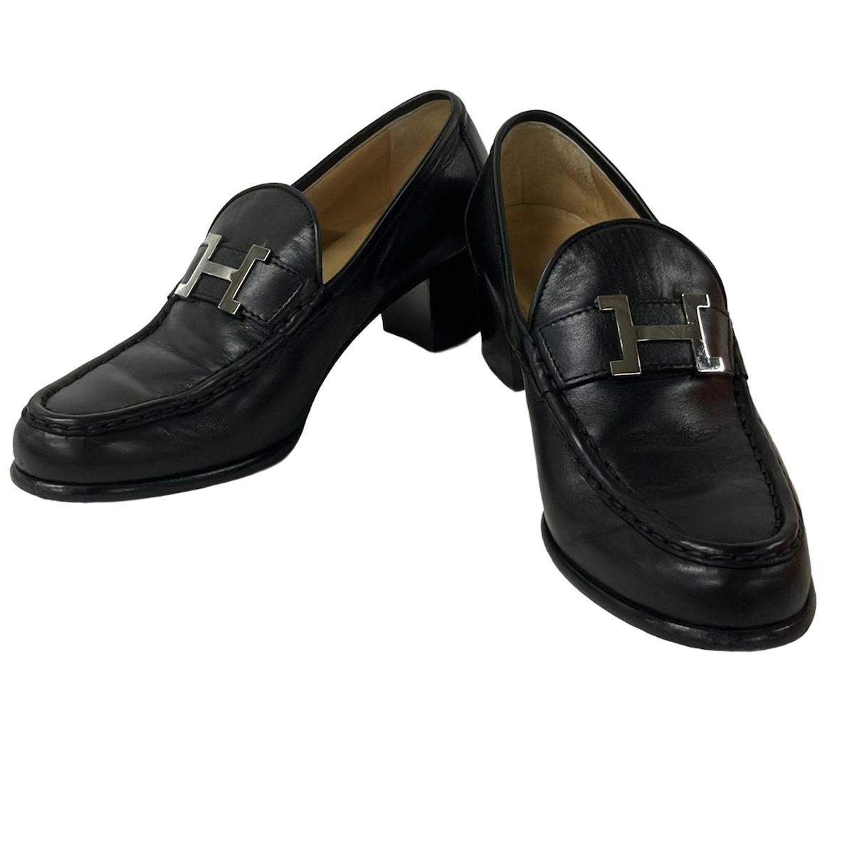 【美品】エルメス ローファー ブラック ヒール レザー 黒 革靴 金具 H HERMES(エルメス) ローファー 38 レディース - 黒 シルバー金具/H金具