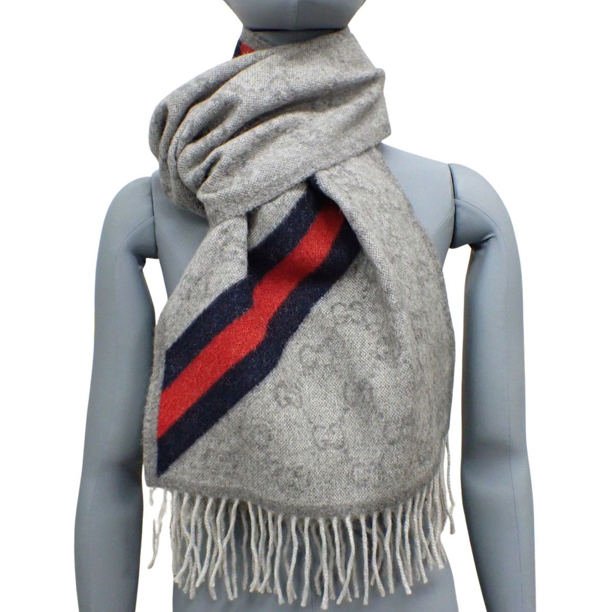 GUCCI(グッチ) GG マフラー ウェブライン ウール ライトグレー ブルー