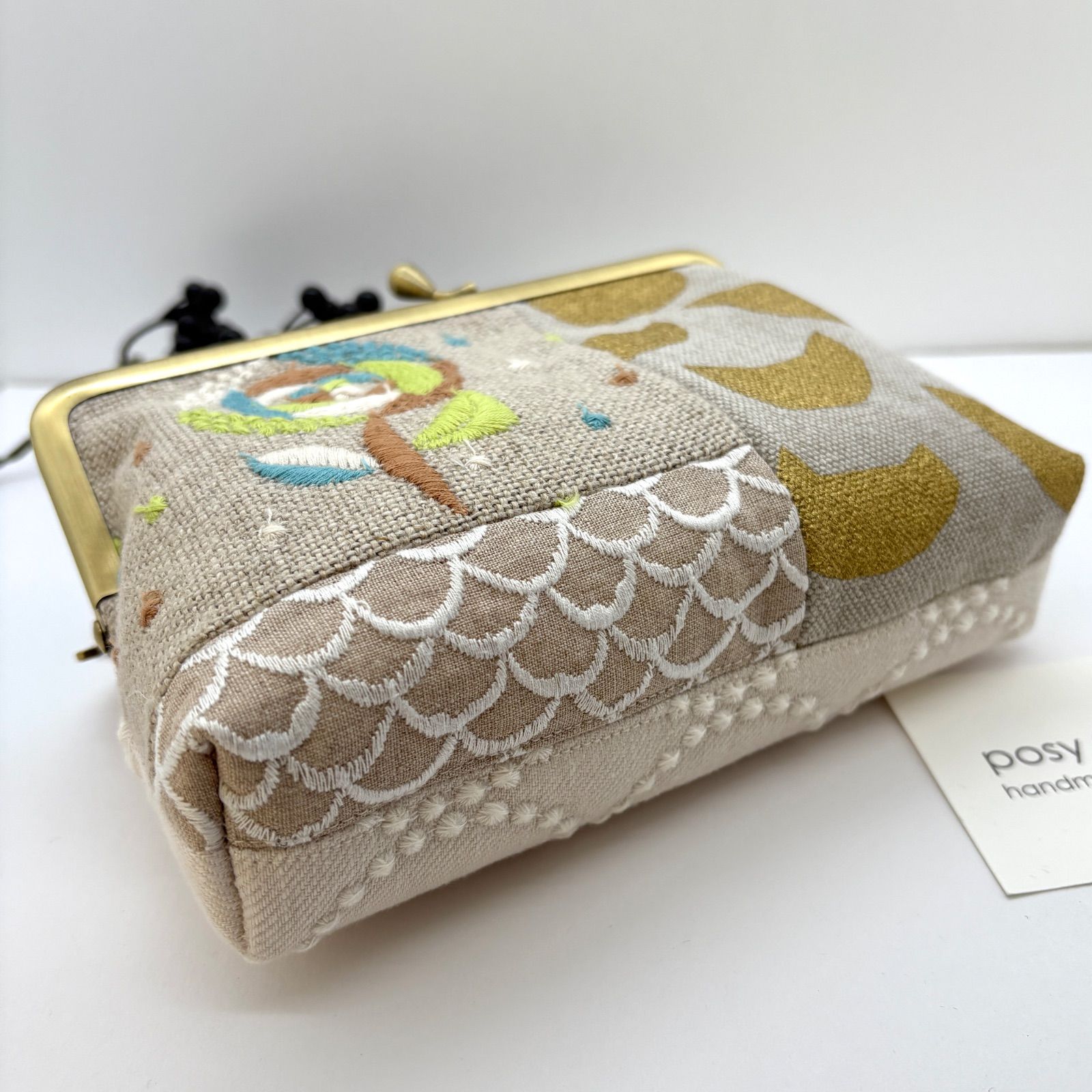 ハンドメイド ミナペルホネン がま口 角形ポーチ パッチワーク sand