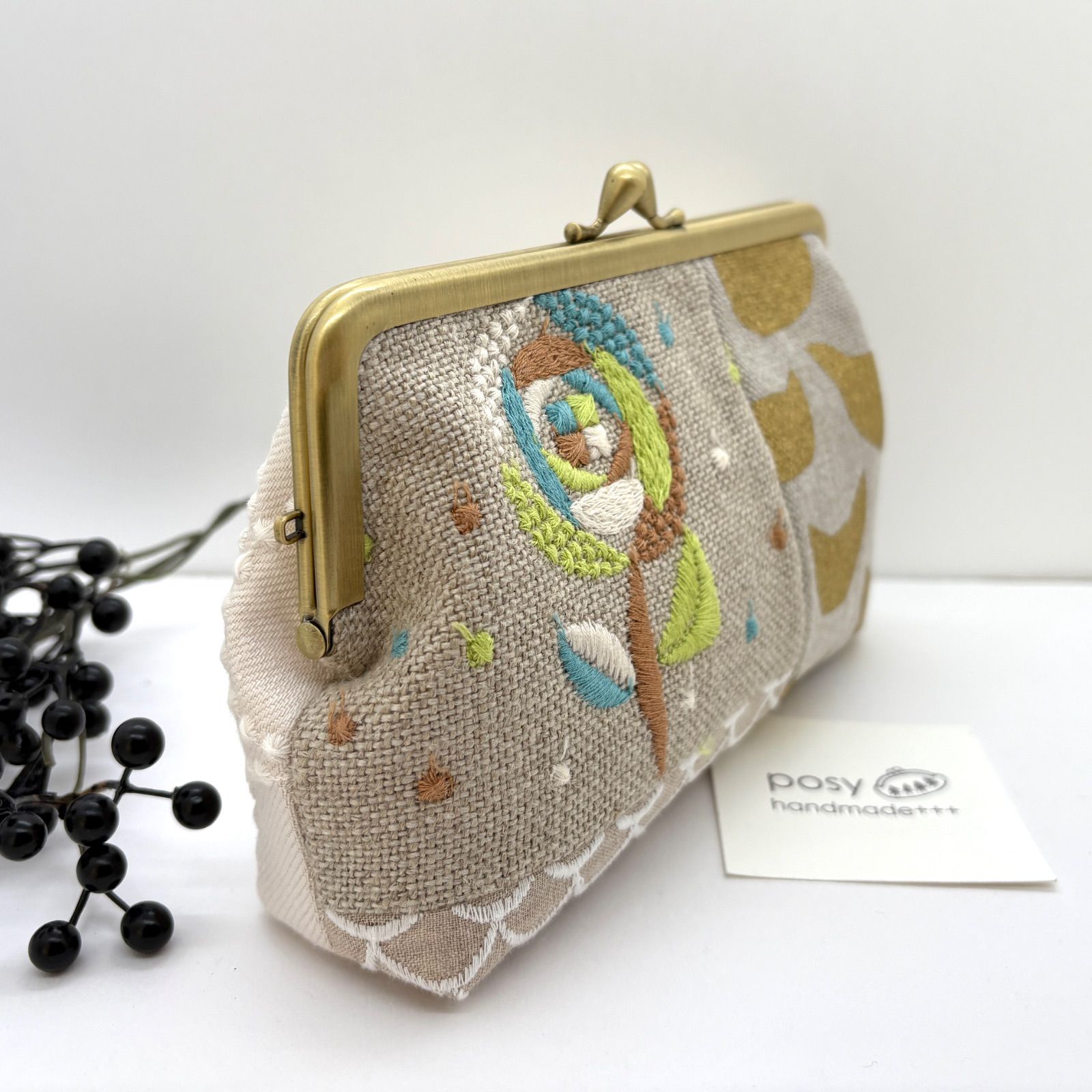 ハンドメイド ミナペルホネン がま口 角形ポーチ パッチワーク sand