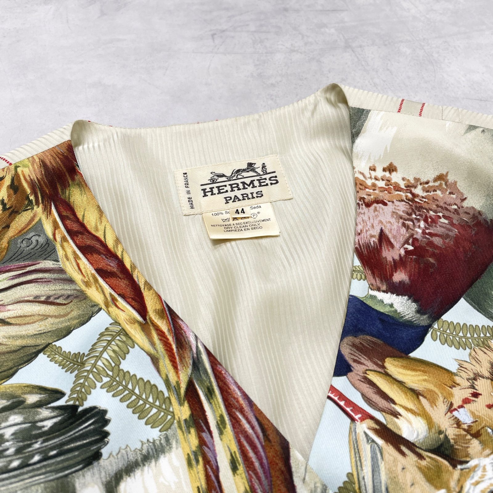 HERMES エルメス シルク ブラウス 鳥柄 バード 総柄 ベージュ シャツ