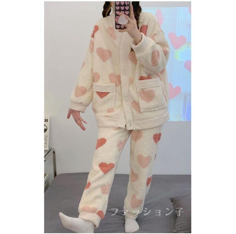 ルームウェア 未使用 ハート柄 もこもこ レディース パジャマ 2点