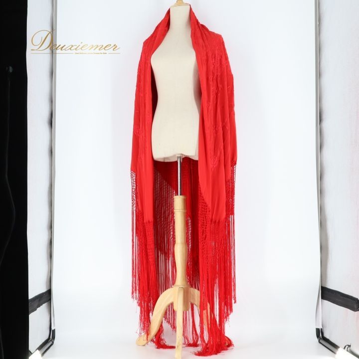 フラメンコ 衣装 マントン シージョ 赤 フレコ 刺繍 フリンジ スクエア