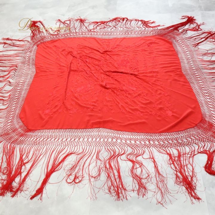 フラメンコ 衣装 マントン シージョ 赤 フレコ 刺繍 フリンジ スクエア