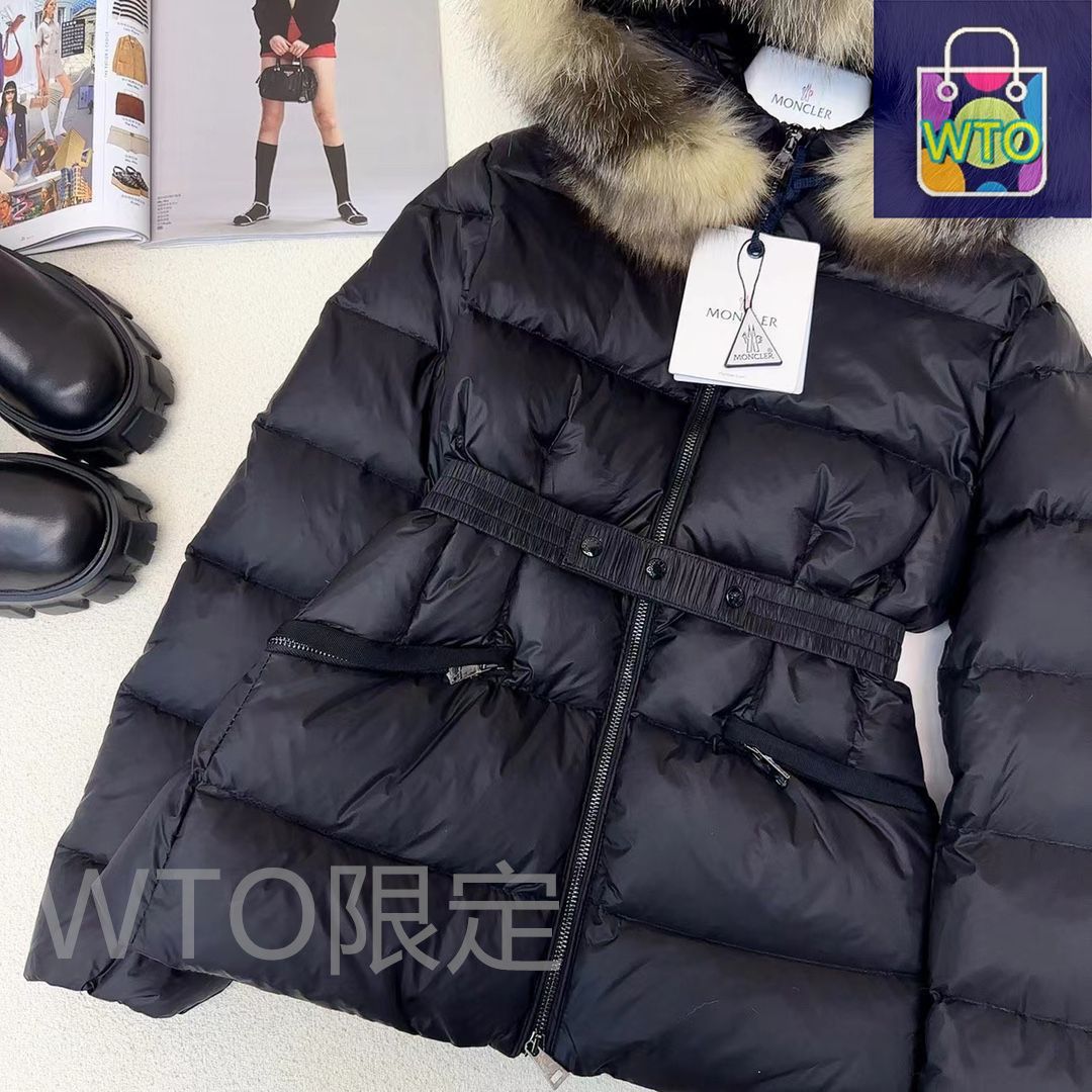 MONCLER ダークグレーダウンジャケット ウエストベルト付き MONCLERモンクレール 黒 ダウンジャケット フード付き ウエストベルト