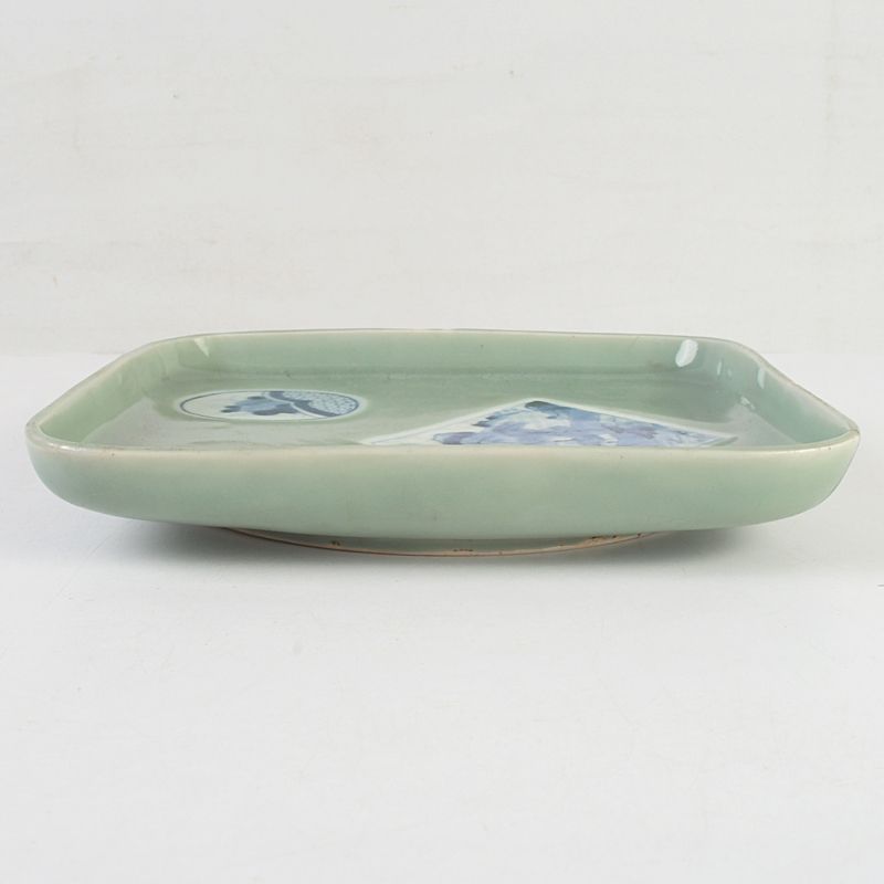 古伊万里の皿 伊万里焼 古伊万里 青磁 染付山水文 角皿 時代箱付 N S329