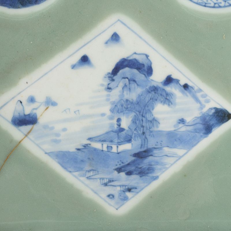 伊万里焼 古伊万里 青磁 染付山水文 角皿 時代箱付 N S329