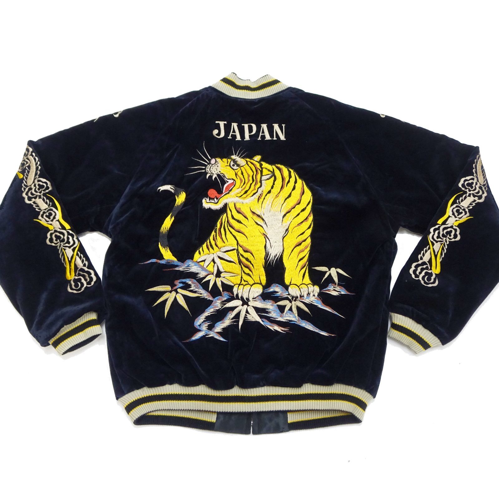テーラー東洋 スカジャン 別珍 x サテン TT 15792 虎 日本地図 メンズ スーベニアジャケット Tailor Toyo Roaring Tiger Japan Map 128 ダークネイビー