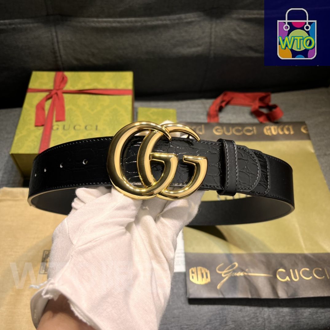 今日特価】GUCCI New Model ブラックレザーベルト with GG Perforated