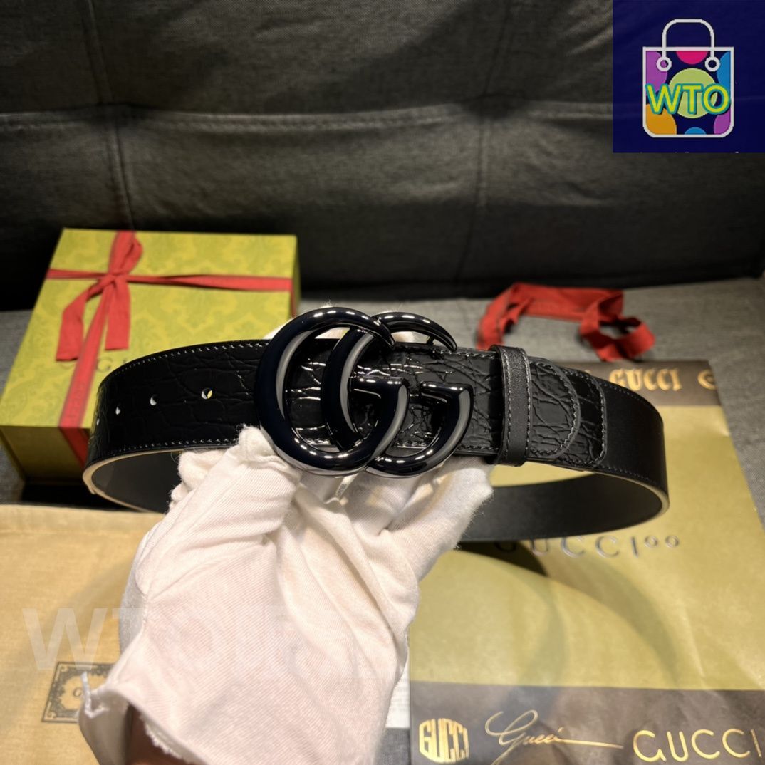 今日特価】GUCCI New Model ブラックレザーベルト with GG Perforated