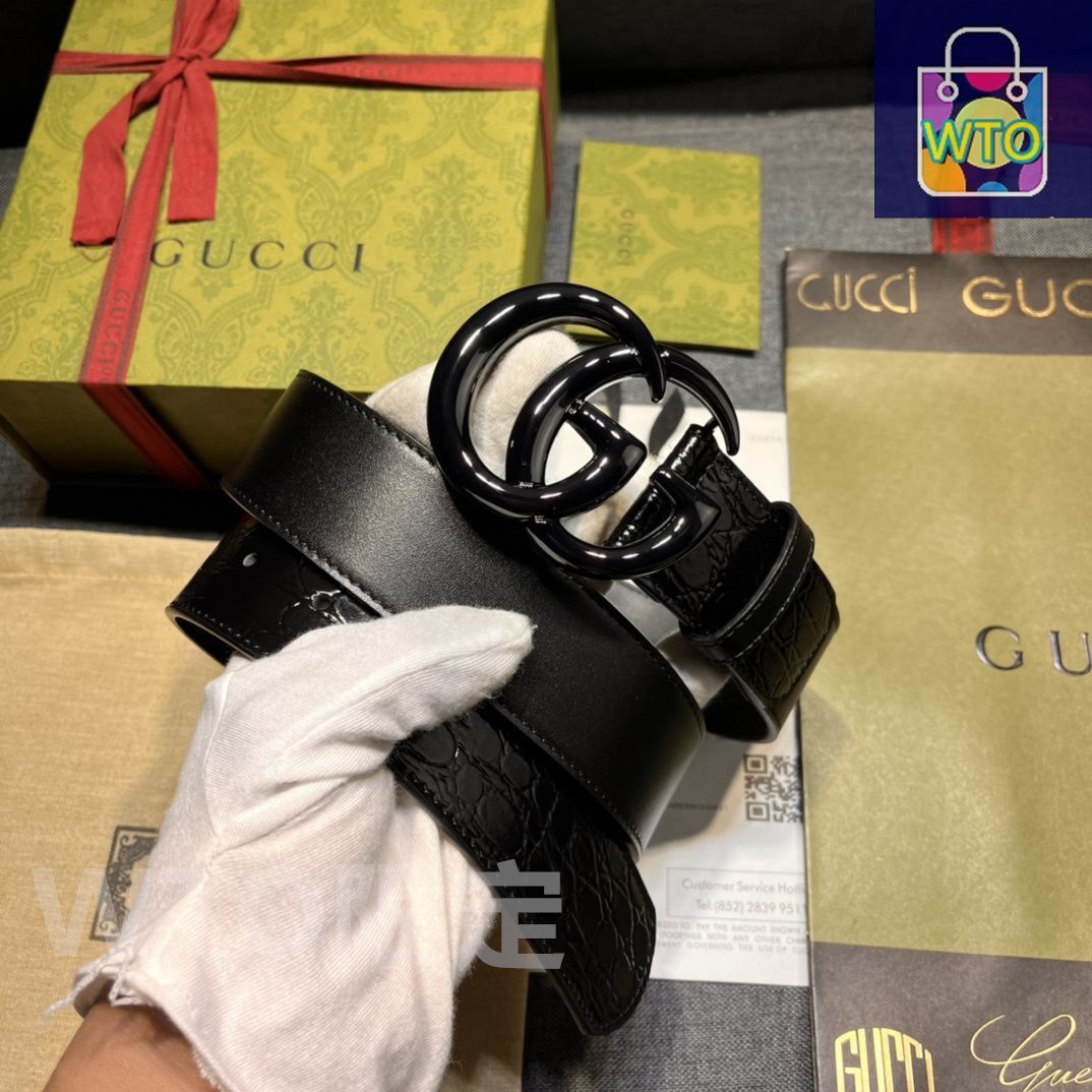 今日特価】GUCCI New Model ブラックレザーベルト with GG Perforated