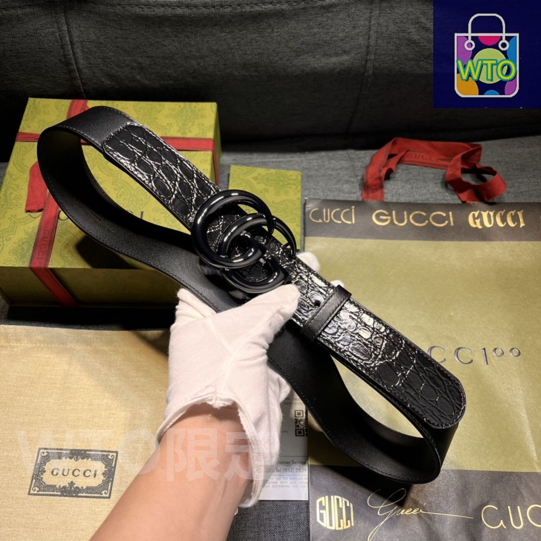 今日特価】GUCCI New Model ブラックレザーベルト with GG Perforated