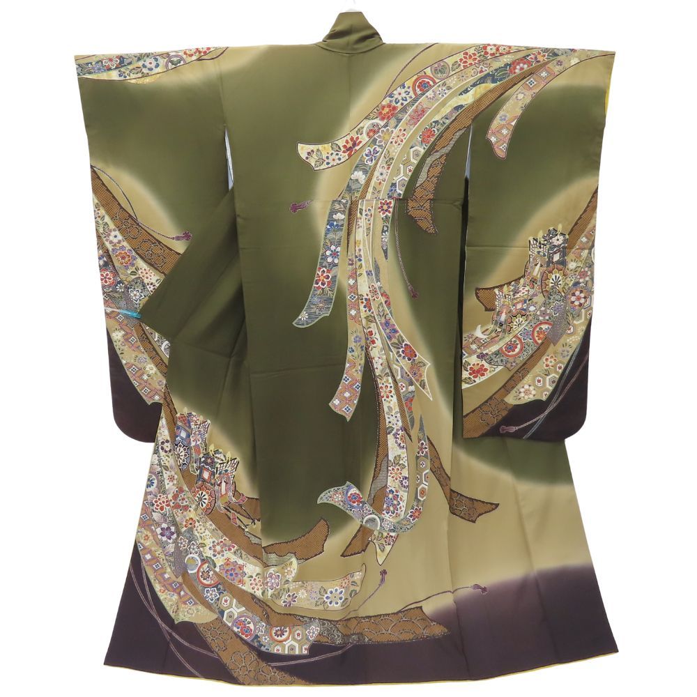 中古】 振袖 正絹(金銀糸除く) エメラルドグリーン 成人式 和装 呉服