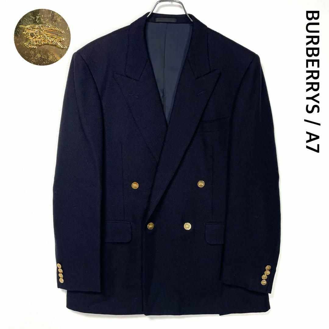 最高級 90s バーバリーズ 紺ブレザー 金ボタン ダブル カシミヤ混 A7