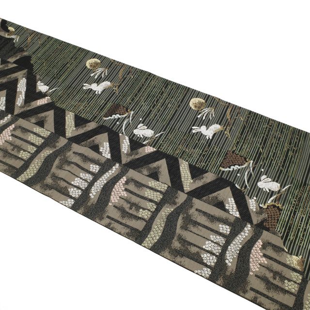新古品】 袋帯 二図 両方向 二方向 双図 二種のお太鼓柄 正絹 黒地 灰