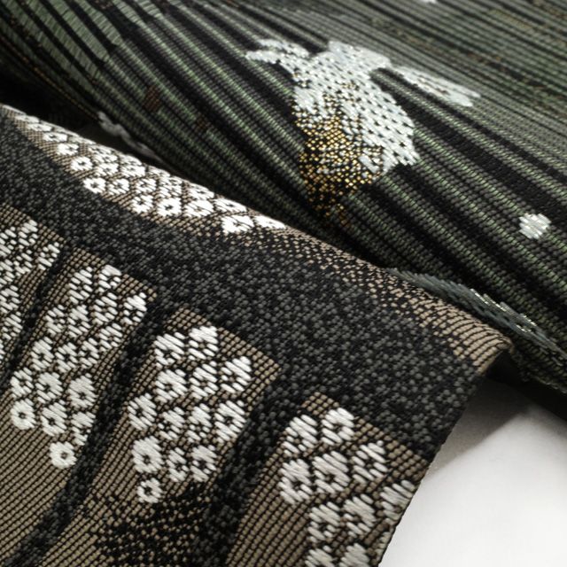 新古品】 袋帯 二図 両方向 二方向 双図 二種のお太鼓柄 正絹 黒地 灰