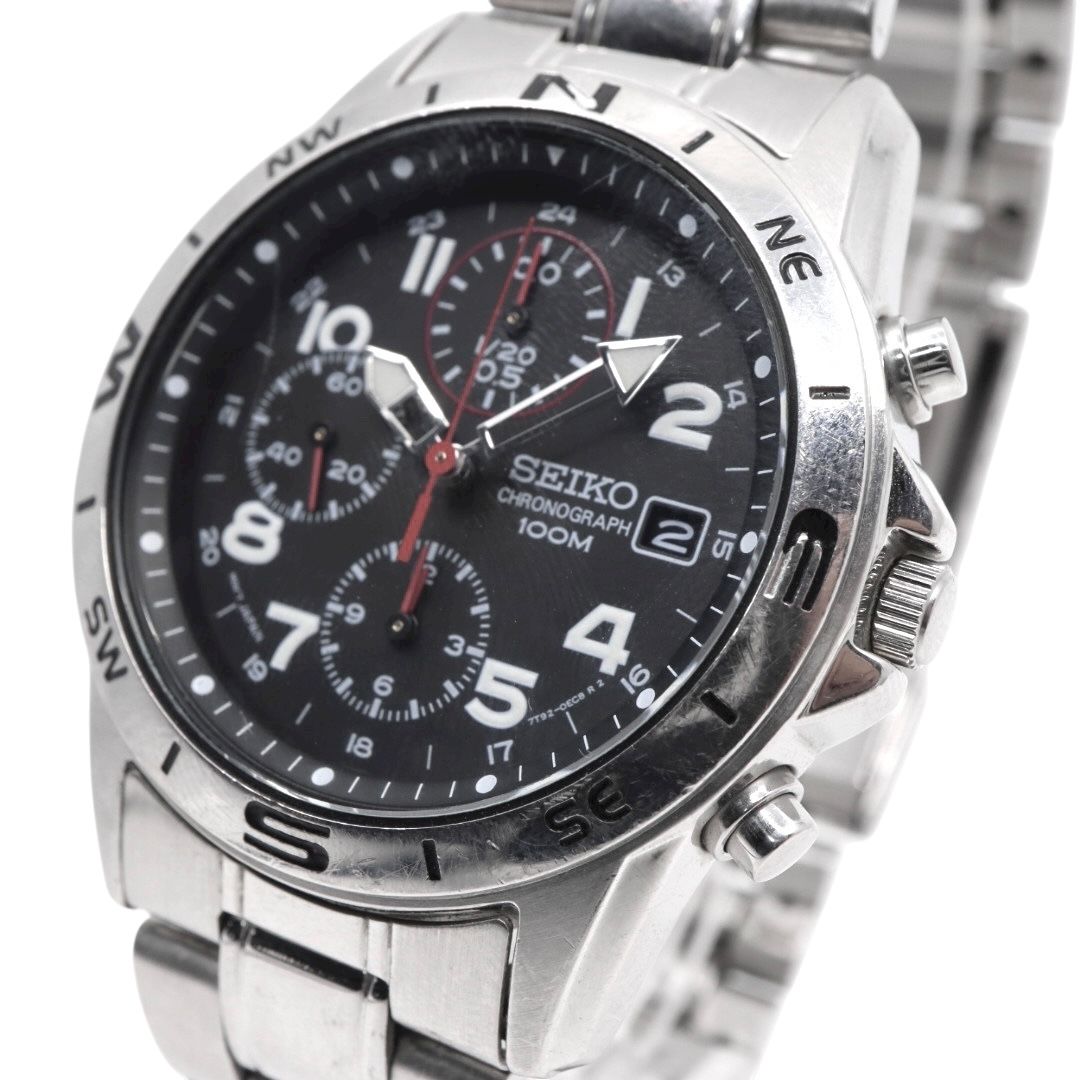 SEIKO セイコー クロノグラフ 100M 黒文字盤 シルバーカラー 腕時計
