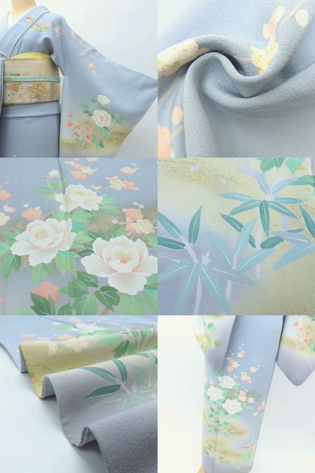 ♦︎くすみ水色♦︎銀彩加工♦︎豪華刺繍♦︎牡丹紋♦︎成人式♦︎＊正絹胴裏へご変更＊ 百華❀Y4015◇正絹 作家物落款 手縫い仕立て 牡丹 椿 梅 訪問着 着物