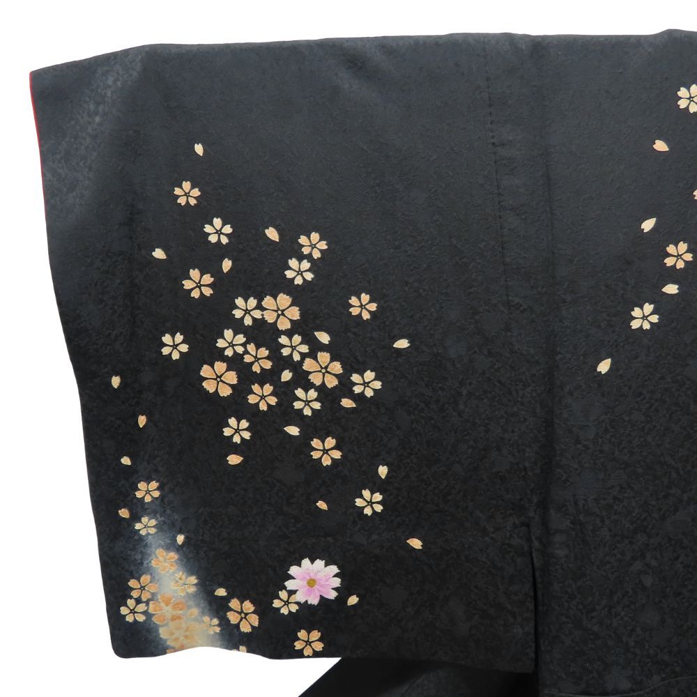 中古 訪問着・付下 正絹 ブラック オレンジ系 男仕立て 大衆演劇 舞台 和装 呉服 和服 きもの メンズ 男性 中古】 訪問着・付下 正絹 ブラック オレンジ系 男仕立て 大衆演劇