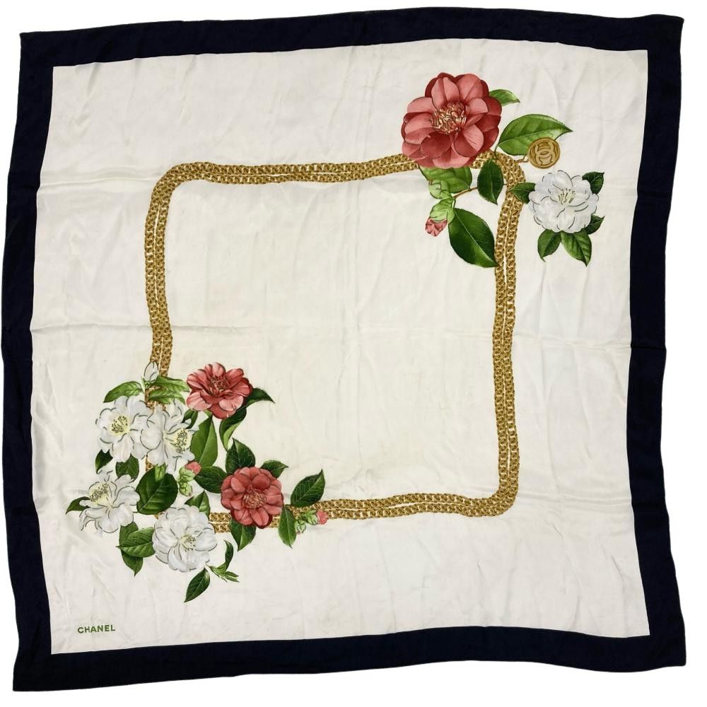 シャネル CHANEL カメリア チェーン スクエア スカーフ ブラック 90cm