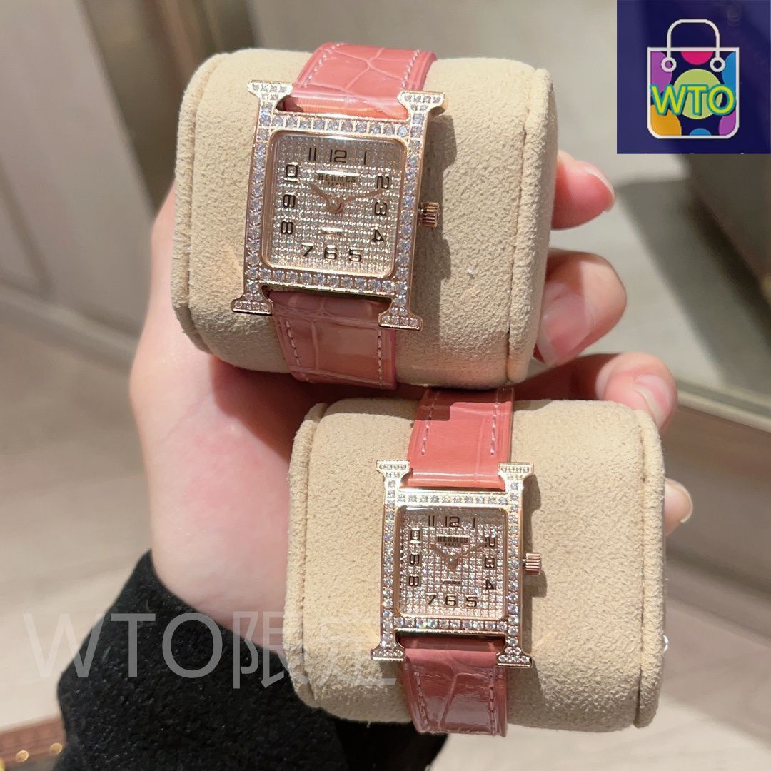 美品HERMES ピンク クロコダイルレザー 時計 HERM?S エルメス ウールH レディース腕時計｜スイス製クオーツ