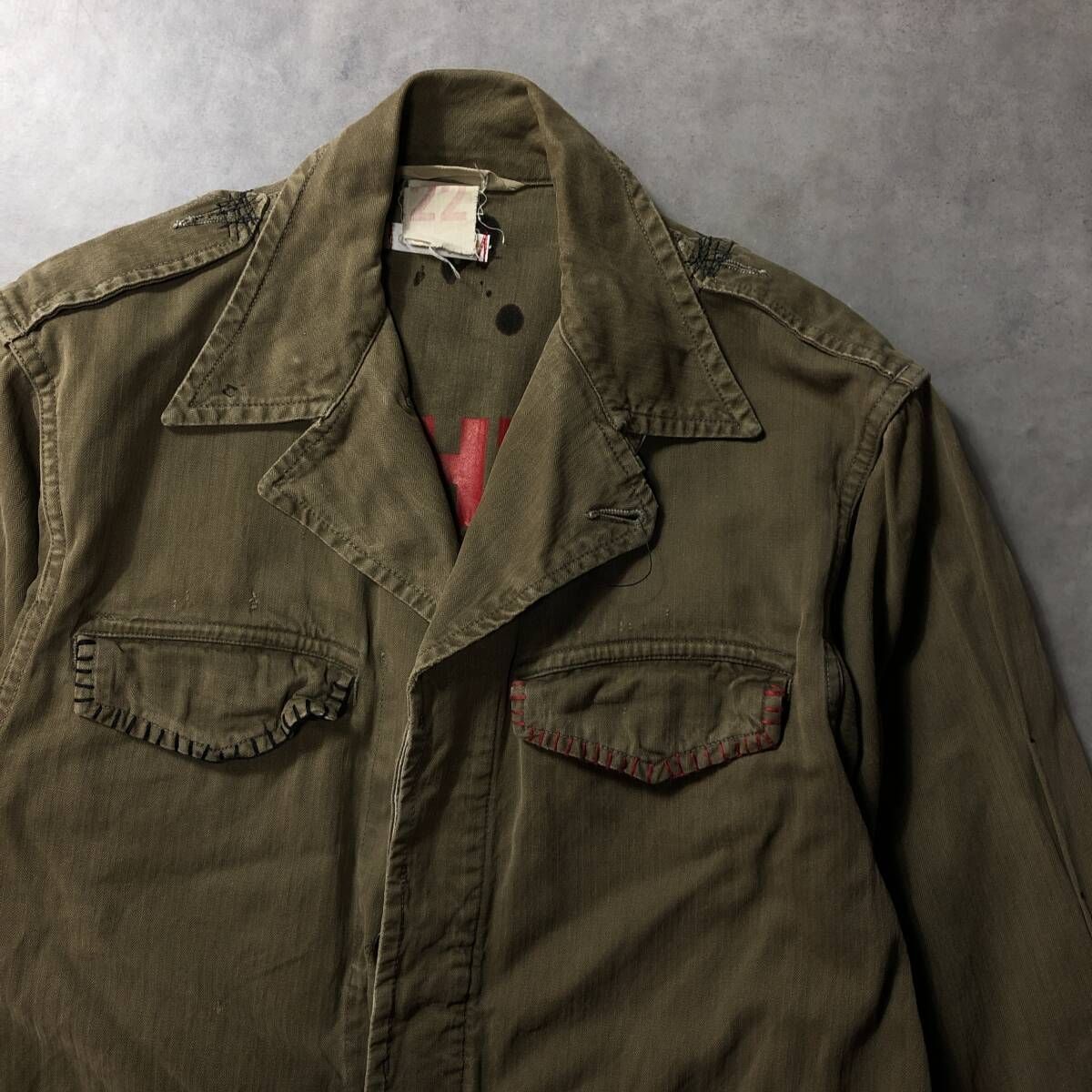 GQ4141◇フランス軍 : ヴィンテージ M47 リメイクジャケット◇22◇オリーブ系 ヘリンボーン フレンチミリタリー Bro