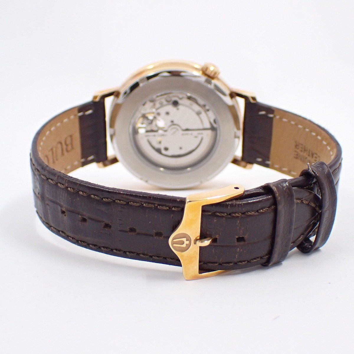 Bulova クラシック自動巻き ピンクゴールドブラック新品革ベルト交換